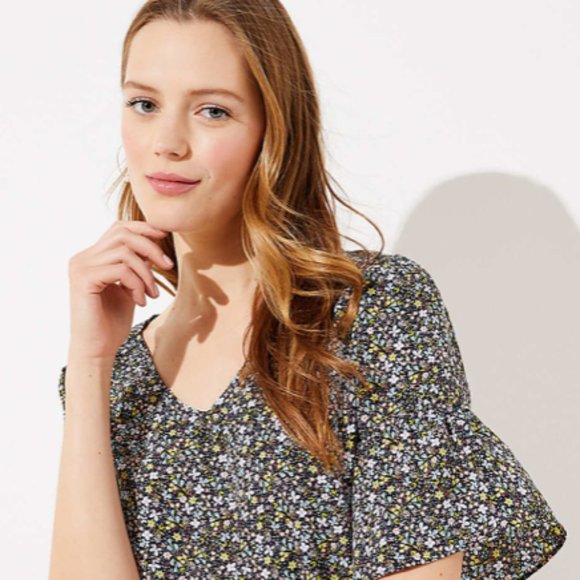 Tops - LOFT Floral Ruffle Sleeve Mixed Media Top